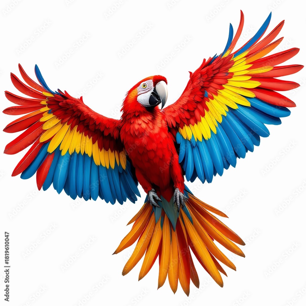 Obraz premium A vibrant scarlet macaw parrot with wings spread wide, isolated on white background