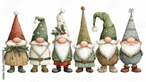 Charming collection of holiday gnomes wearing festive hats  