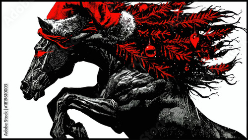 Black horse wearing Santa hat running with red winter foliage  , red fire horse 2026 new year 