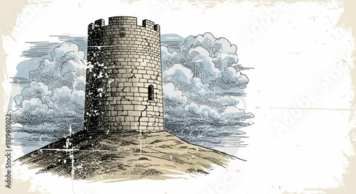 Vintage illustration of a stone tower on a hill under cloudy sky  