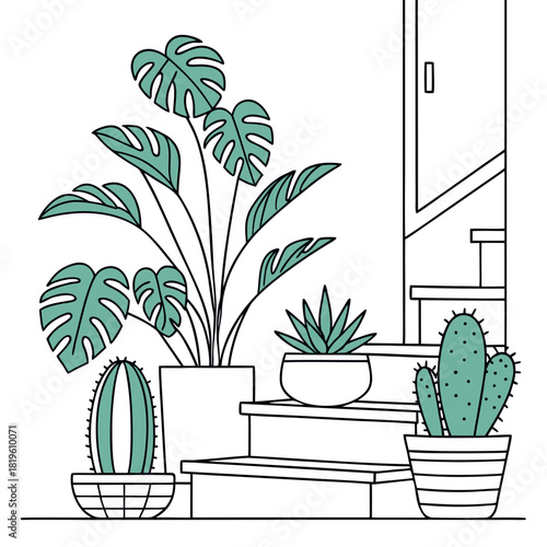 Potted house plants composition. Home and office interior houseplants. Modern green leaf, succulent, cactus decoration in planters, flowerpots. Flat vector illustration isolated on white background