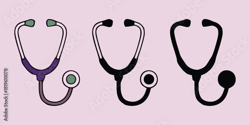 Three stylized stethoscopes in purple vactor black and green on a light pink background