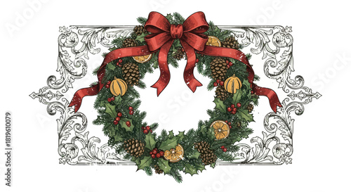 Christmas wreath with red bow and decorations on vintage background  