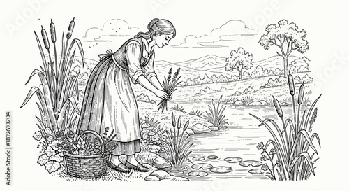 Woman harvesting plants by a riverside in a pastoral landscape  
