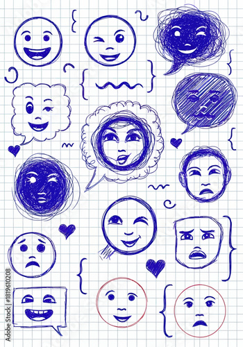 Hand-drawn emoticons and facial expressions on graph paper background  