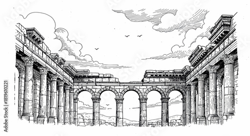 Architectural illustration of ancient columns under a cloudy sky  