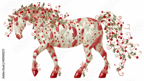 Colorful horse decorated with flowers and cherries in artistic style  