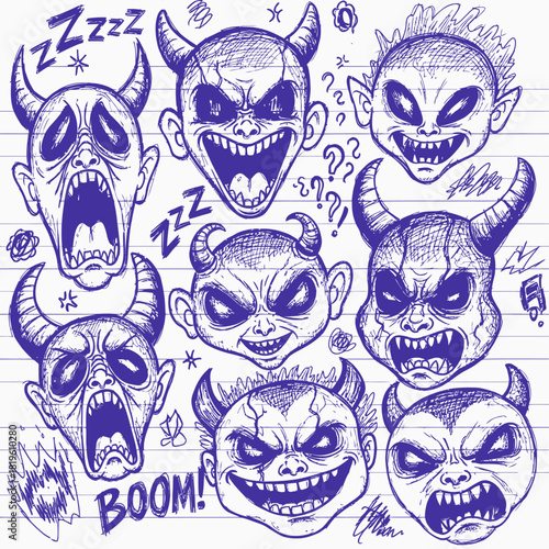 Cartoon devil faces with exaggerated expressions and effects on paper  