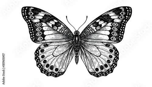 Detailed black and white illustration of a butterfly with open wings  