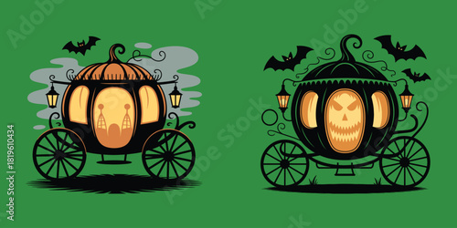 Two Halloween pumpkin carriages with bats and lanterns on green vactor background coach