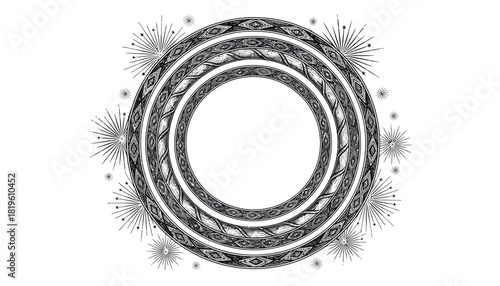 Circular abstract design with intricate patterns and starburst elements  