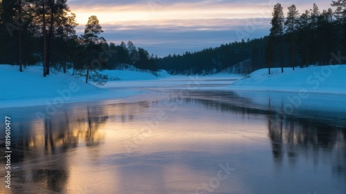 Frozen river in winter landscape at sunset