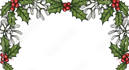 Holly and mistletoe border illustration with white background  