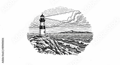 Black and white lighthouse illustration with ocean waves and clouds  
