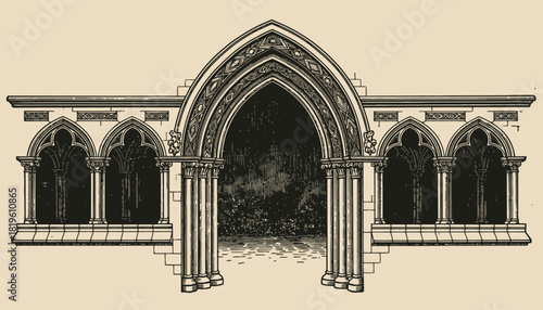 Gothic architecture illustration of an ornate arched doorway  