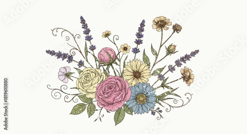 Floral arrangement with roses and lavender in vintage style  