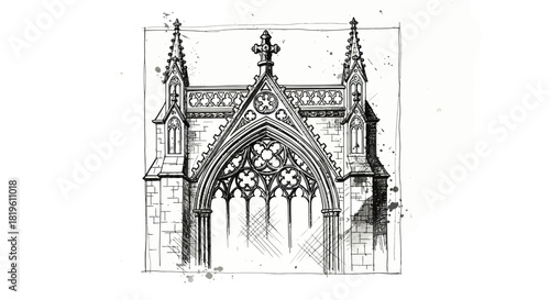 Gothic architectural illustration of a church facade with detailed design  