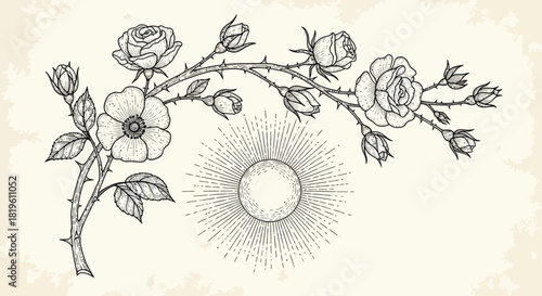 Vintage floral illustration featuring roses and the sun  