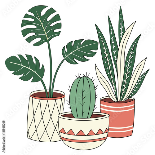 Potted house plants composition. Home and office interior houseplants. Modern green leaf, succulent, cactus decoration in planters, flowerpots. Flat vector illustration isolated on white background