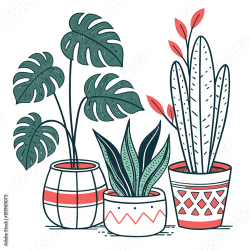 Potted house plants composition. Home and office interior houseplants. Modern green leaf, succulent, cactus decoration in planters, flowerpots. Flat vector illustration isolated on white background