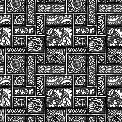 Seamless monochrome floral pattern. Hand-drawn marker texture with bold high-contrast shapes. Folk-inspired decorative layout.