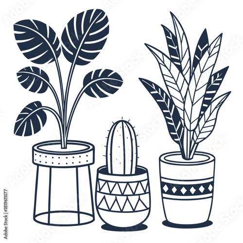 Potted house plants composition. Home and office interior houseplants. Modern green leaf, succulent, cactus decoration in planters, flowerpots. Flat vector illustration isolated on white background