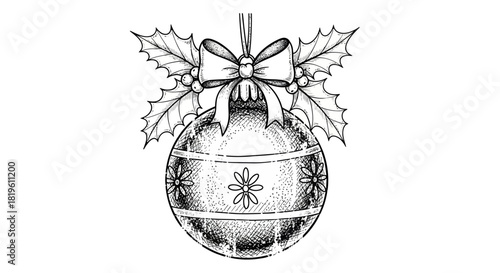 Christmas ornament decorated with holly leaves and ribbon  