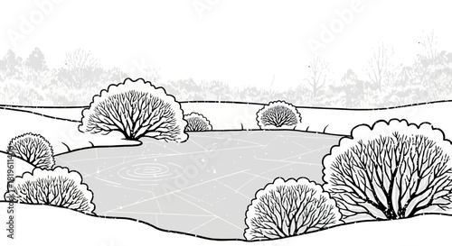 Outline sketch of a peaceful landscape with shrubbery and pond  
