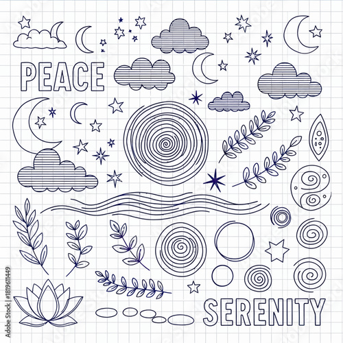 Hand-drawn doodles of peace, serenity, and nature on paper  