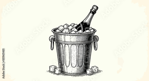 Champagne bottle in ice bucket with ice cubes for celebration  