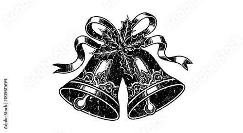 Vintage Christmas bells with ribbon and holly decoration  