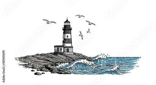 Lighthouse on rocky coast with ocean waves and seagulls flying  