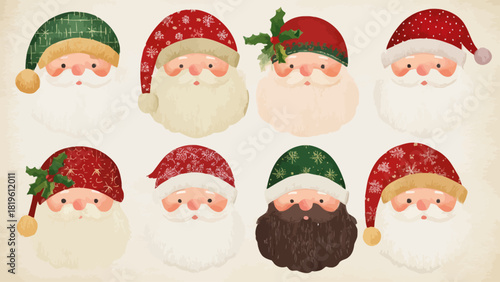 Collection of Santa Claus illustrations with various hats and styles  