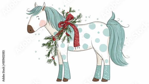 Playful horse with decorative wreath and polka dots for Christmas , new year 