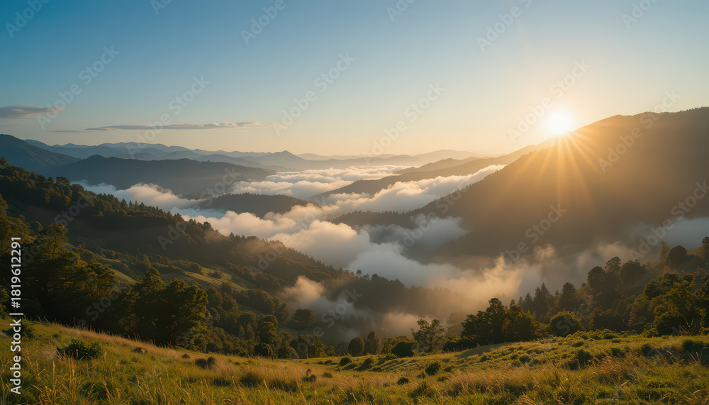 Obraz premium Mountain range with fog and sunlit grassy foreground