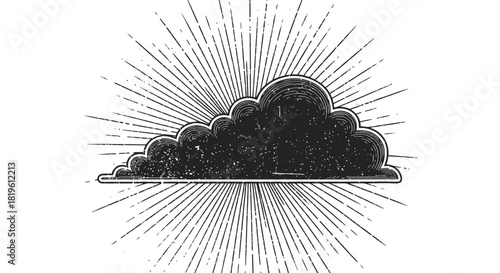 Vintage cloud illustration with sun rays in black and white  