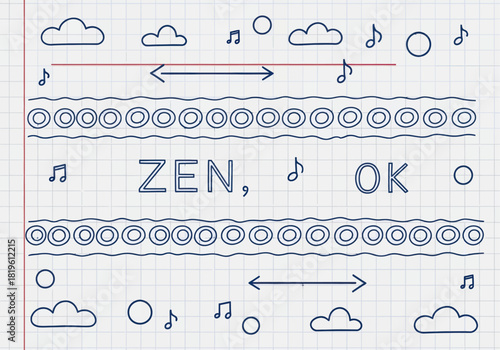 Hand-drawn doodle pattern with clouds, music notes, and text  