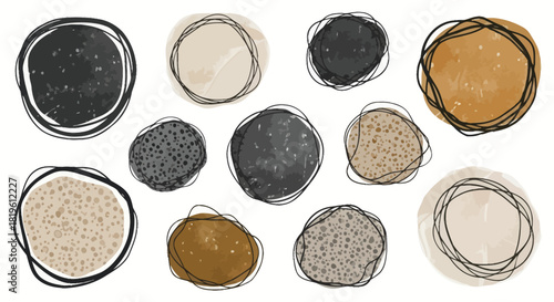 Abstract circular shapes in earthy tones with black outlines  