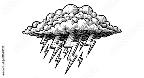 Storm cloud with lightning bolts in black and white illustration  