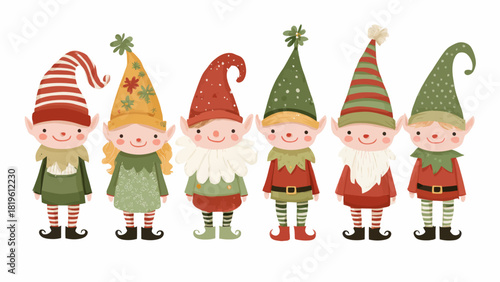 Group of cheerful colorful gnomes wearing festive hats and outfits  