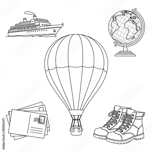 Travel elements including hot air balloon, globe, and postcards  