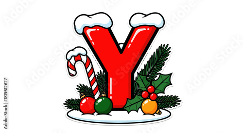 Christmas letter Y decorated with candy cane and ornaments  