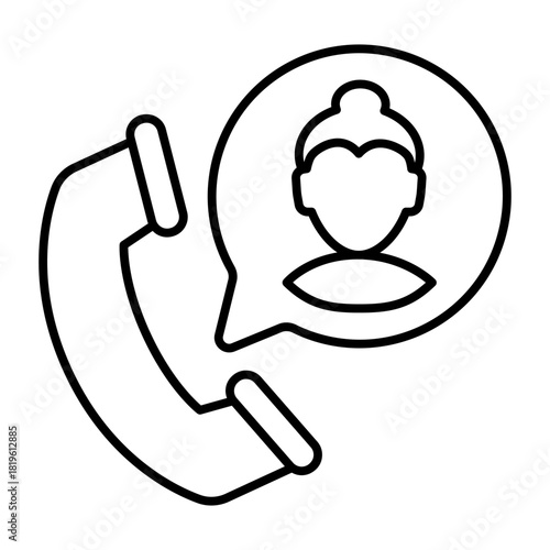 Telephone and dialog popup bubble with woman thin line icon, osint analytics concept. Vector graphics. Consultant, helpline sign on white background, style icon mobile or web design.