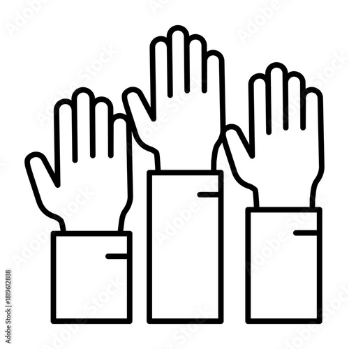 Raised up hands thin line icon, osint analytics concept. Vector graphics. Three hands, voting sign on white background, style icon mobile or web design.