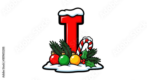Christmas letter "I" decorated with ornaments and candy cane  
