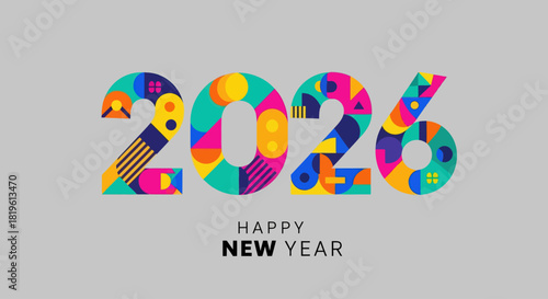 Colorful 2026 Happy New Year design with abstract shapes and patterns  