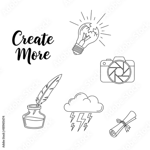 Line art illustrations of creativity tools and inspirations  