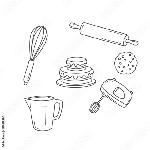Baking tools and ingredients on white background with cake and cookies  
