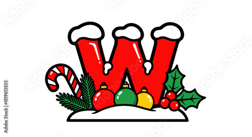 Red letter W decorated with Christmas ornaments and sweets  