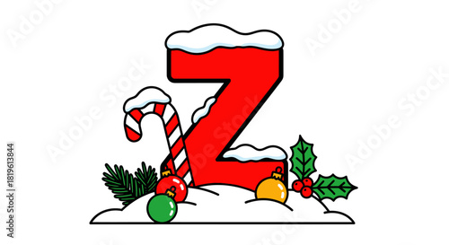 Red letter Z decorated with Christmas elements on snowy background  